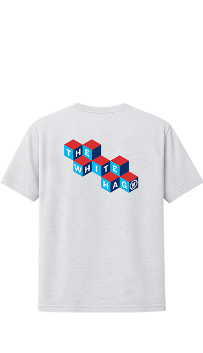 A white short-sleeve t-shirt shown from the back, featuring a graphic of interlocking 3D blocks spelling out 'THE WHITE HAG' in blue and red with white lettering.