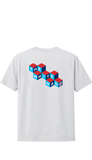 A white short-sleeve t-shirt shown from the back, featuring a graphic of interlocking 3D blocks spelling out 'THE WHITE HAG' in blue and red with white lettering.
