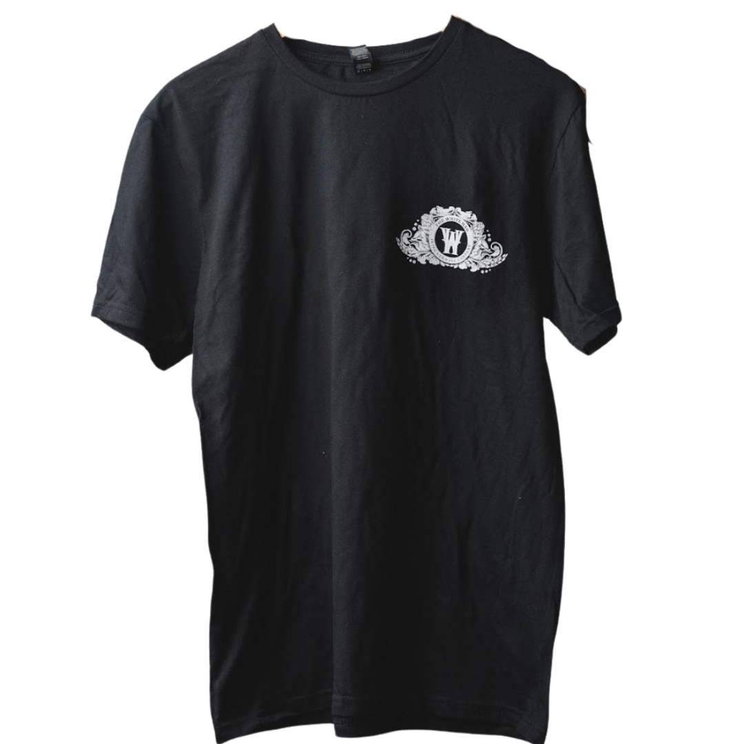 Black Tshirt with The White Hag logo in white on left chest