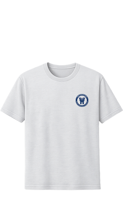 A white short-sleeve crewneck t-shirt with a small navy blue circular logo on the left chest, displayed on a clean white background.