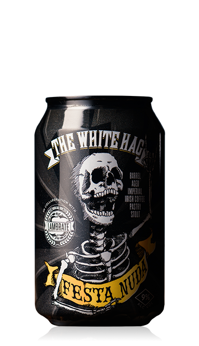Black Festa Nuda Barrel Aged Pastry Stout can with skeleton design and 'The White Haze' branding on a white background