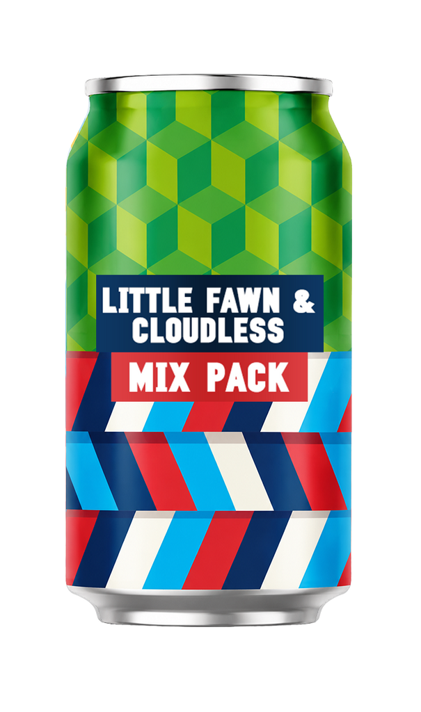 A slim aluminum can with a colorful geometric label reading 'LITTLE FAWN & CLOUDLESS MIX PACK'. The top half of the can has a green and yellow geometric cube pattern, while the bottom half features diagonal stripes in red, blue, white, and navy.
