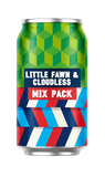 A slim aluminum can with a colorful geometric label reading 'LITTLE FAWN & CLOUDLESS MIX PACK'. The top half of the can has a green and yellow geometric cube pattern, while the bottom half features diagonal stripes in red, blue, white, and navy.