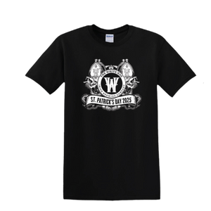 The White Hag Serpent Black Unisex Tshirt fron with white St. Patrick's Day Logo
